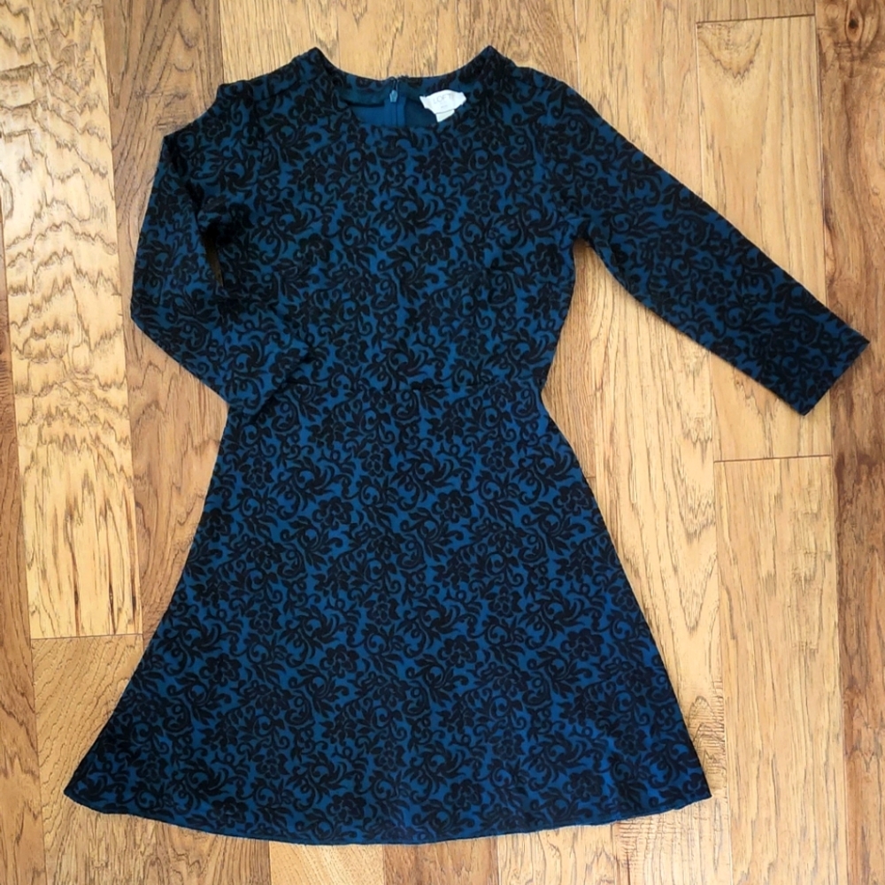 A pretty dark teal with black flower design dress from Loft, 3/4 sleeves